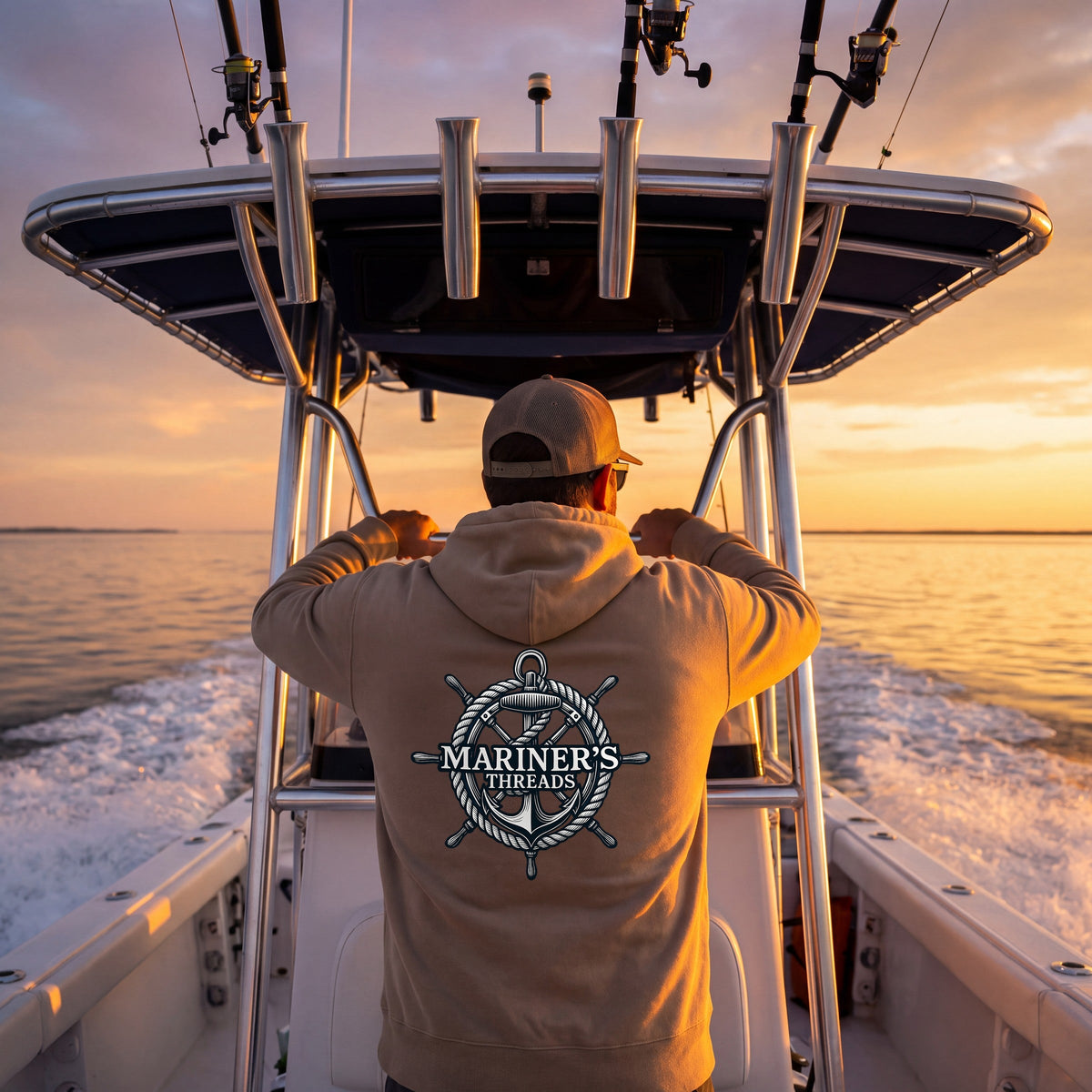 Running home at sunset under the T-top in the sand Helm & Anchor hoodie