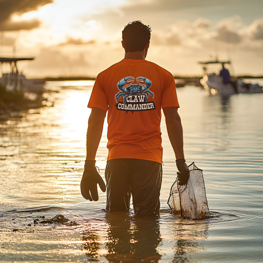 Man wading through shallow water at sunset wearing an orange Mariner’s Threads™ performance tee with a bold blue crab design and the phrase ‘Claw Commander’ on the back. He carries a net filled with his fresh catch, embodying the adventurous spirit of coastal fishing.