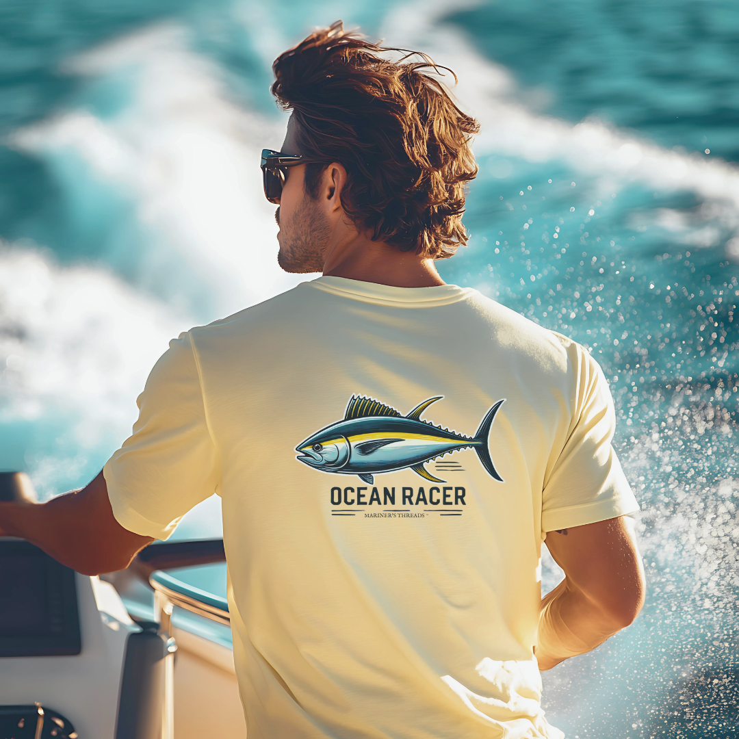  A sun-kissed man with tousled brown hair and sunglasses steers a high-speed boat, cutting through ocean waves. He wears a light yellow performance t-shirt, featuring a yellowfin tuna and the phrase "Ocean Racer" on the back, with Mariner’s Threads™ branding. The dynamic water spray and sunlight enhance the offshore racing and deep-sea fishing vibe.