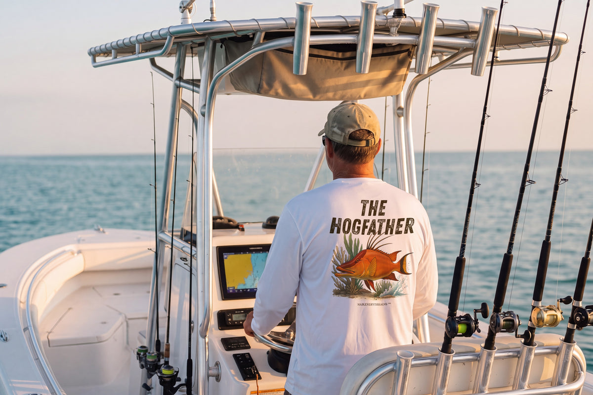 Angler at the helm of a center-console fishing boat with a T-top and rods, wearing The Hogfather hogfish performance shirt from Mariner's Threads