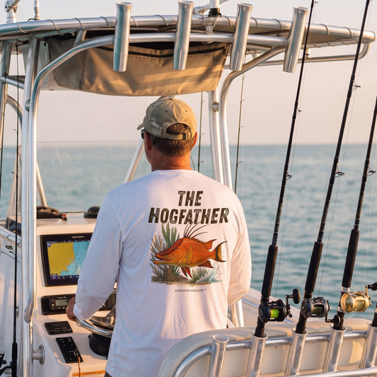 The Hogfather performance shirt at the helm of a T-top center console