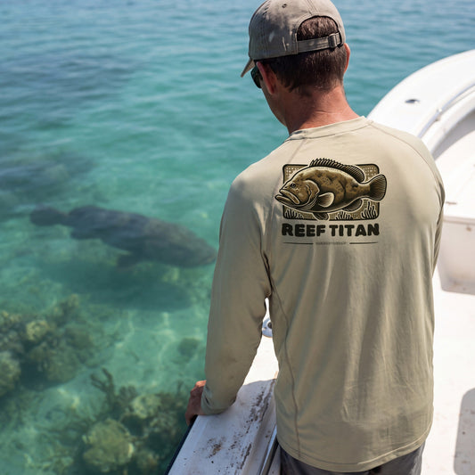 Reef Titan performance shirt, a goliath grouper under the boat on a Keys reef