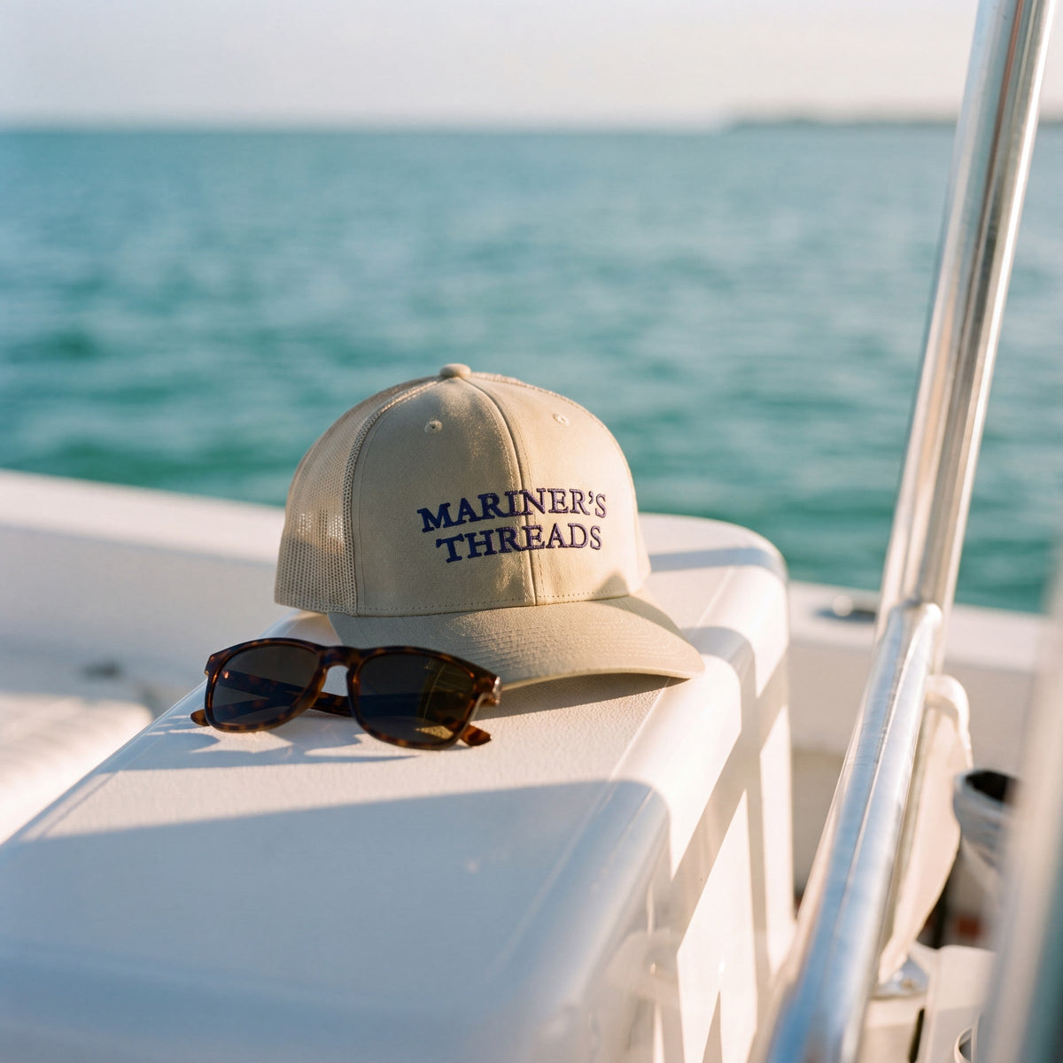 Helm & Anchor trucker hat in khaki on a boat console