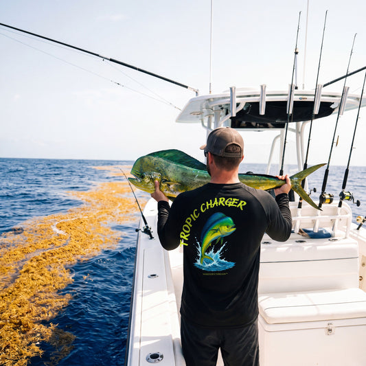 Tropic Charger performance shirt in black, holding up a mahi-mahi by the weedline